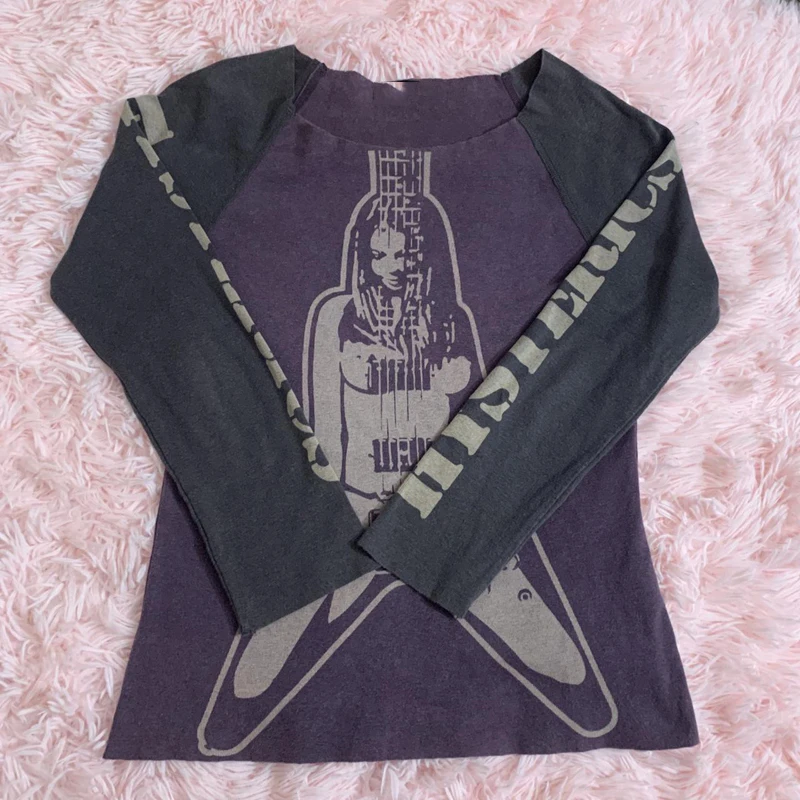 

Women Retro Patchwork Long Sleeve Crop Tops Hip Hop Harajuku T-shirt E-girl Punk Mall Grunge Emo Alt Clothes Pullovers Tees