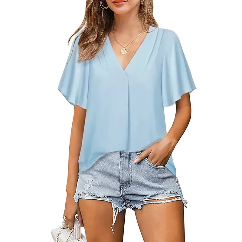 Women Fashion Blouses 2022 Summer Clothing Casual V Neck Short Sleeve Solid Color Office Ladies Loose Chiffon Shirts Tunic Tops images - 6