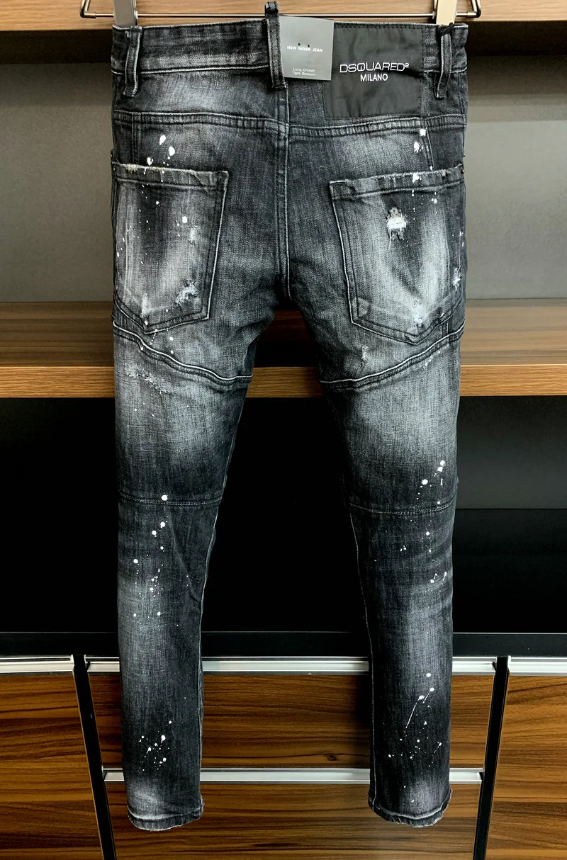 New Men's Dsquared2 Buttons Jeans Ripped For Male Skinny  Pants Men's Denim Trousers Top Quality Slim Jeans A395