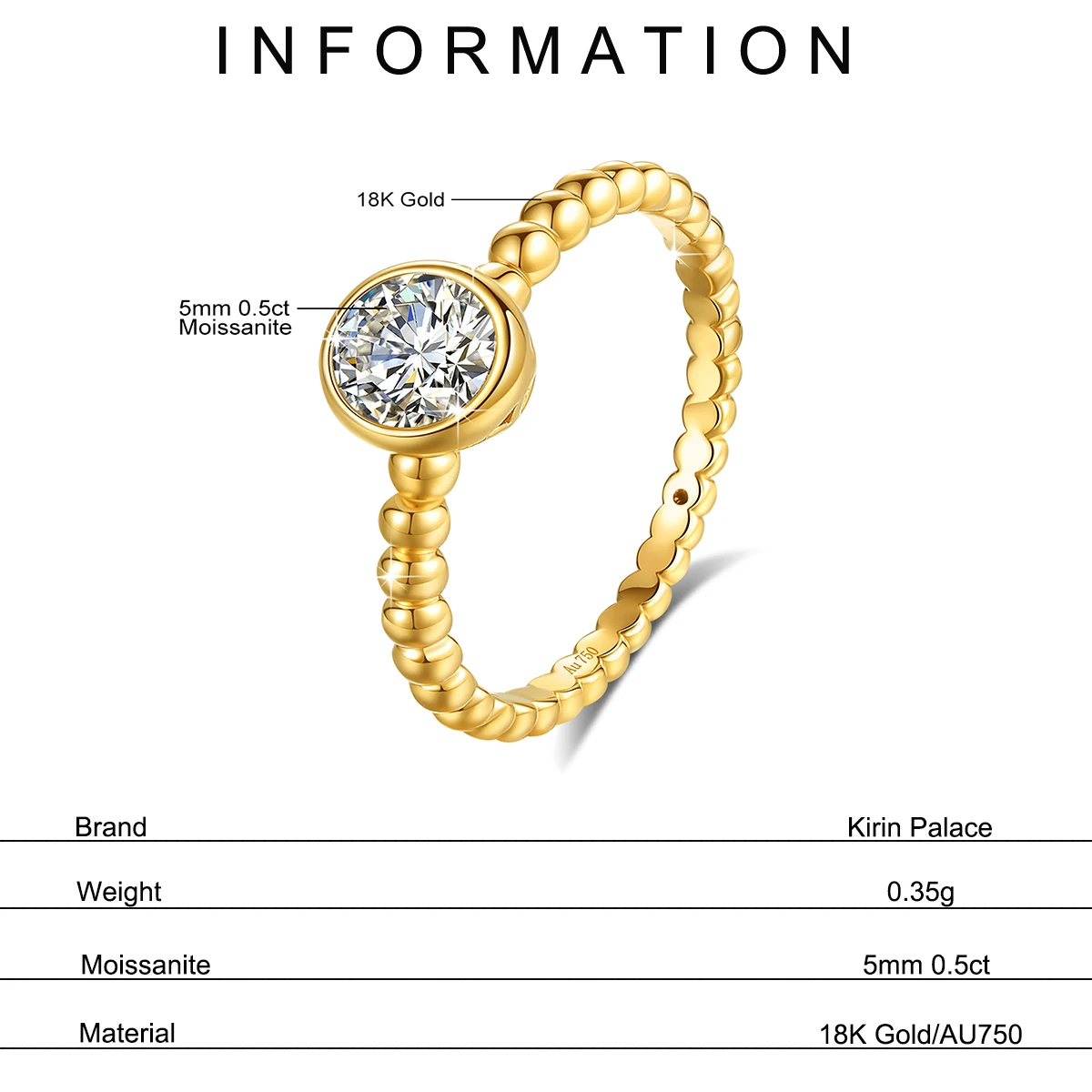 Женское кольцо с муассанитом AU750 желтое золото 18 К 0 5ct 5 мм сертификатом D/VVS для