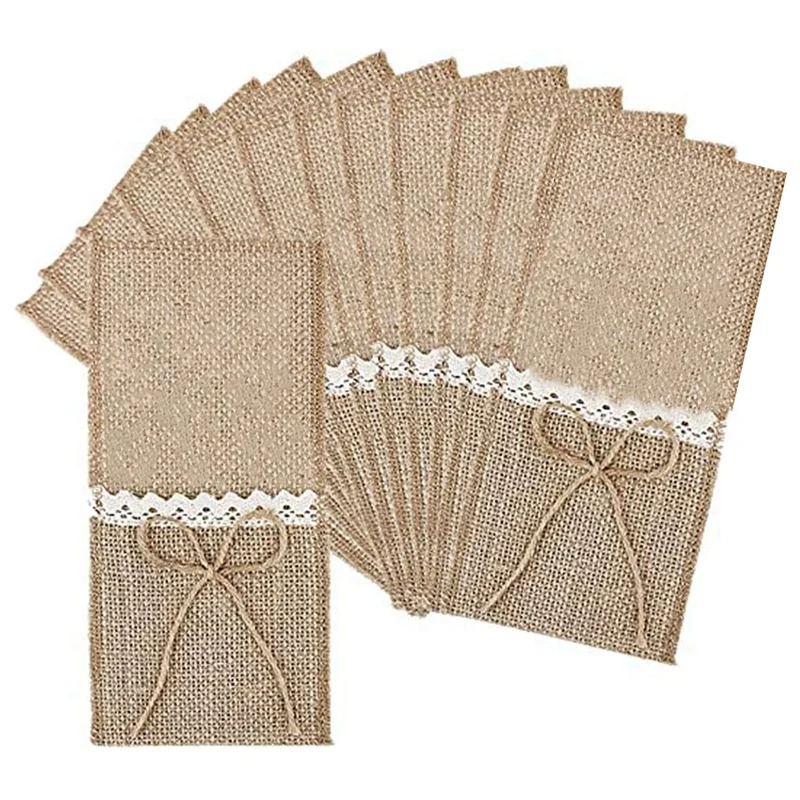 

20 Pieces Of Jute Tableware Bag Linen With Lace Decoration Tableware Rack Tableware Storage