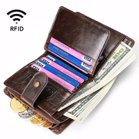 genuine leather mens wallet anti degaussing rfid card holder oil wax leather zipper buckle short coin coin purse cowhide wallet