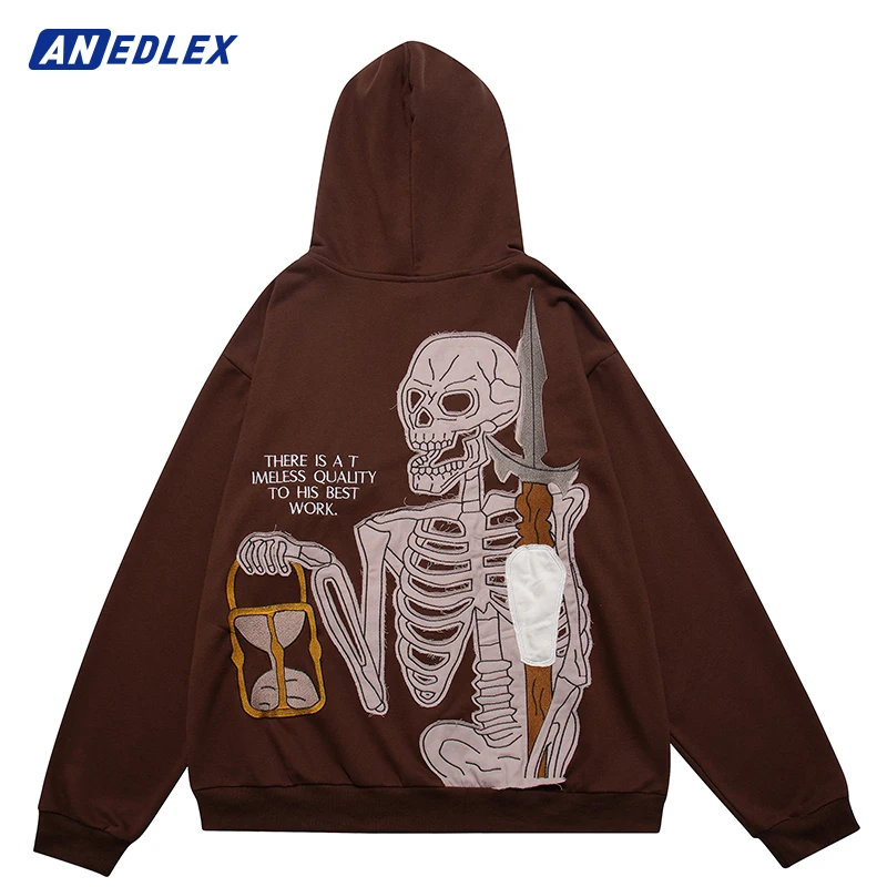 

Men Hip Hop Streetwear Hooded Jacket Skeleton Warrior Skull Embroidery Coat Harajuku Cotton Loose Jacket Autumn Outwear Zipper