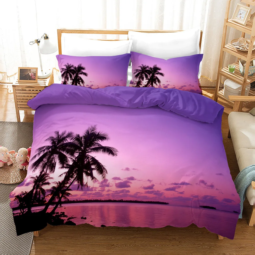 

Microfiber Palm Trees Silhouette Sunset Tropical Beach Coastline Exotic Vacations Bedding Set Tropical Duvet Cover Set King Size