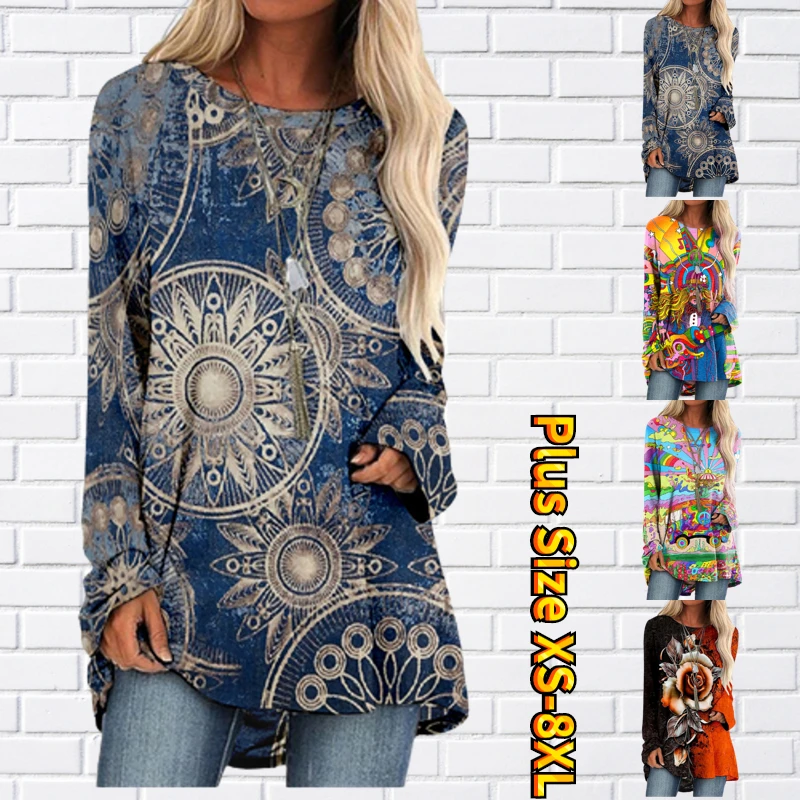 

Женская свободная футболка с цветочным принтом, Повседневный пуловер с круглым вырезом и длинным рукавом, в стиле ретро, Осень-зима 2022