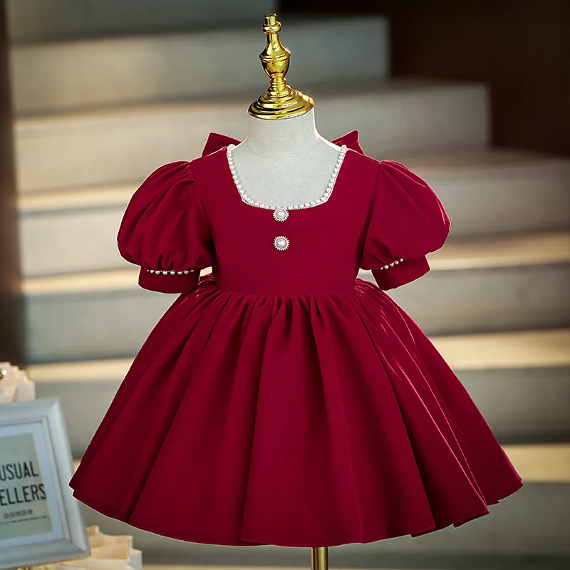 

2023 Chinese Style Red Dress for Kids Girl Teenagers Beading Plain Ball Gowns with Big Bow Children Formal Dresses for Birthday