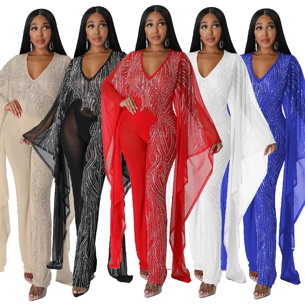 

2023 African Jumpsuit Spring Autumn African Women Sexy Long Sleeve V-neck White Blue Red Black Long Jumpsuit African Clothes