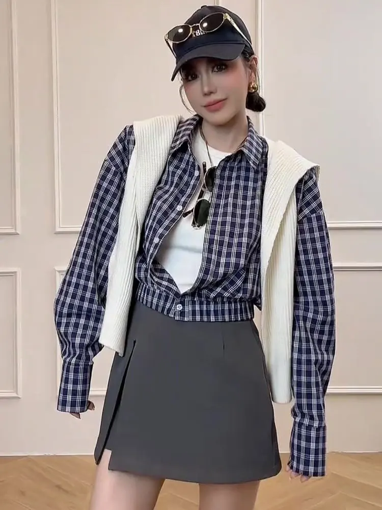 Polo Collar Plaid Shirts Women 2024 New Popular Autumn Waist Hugging Slimming High Sense Unique Chic Small Top