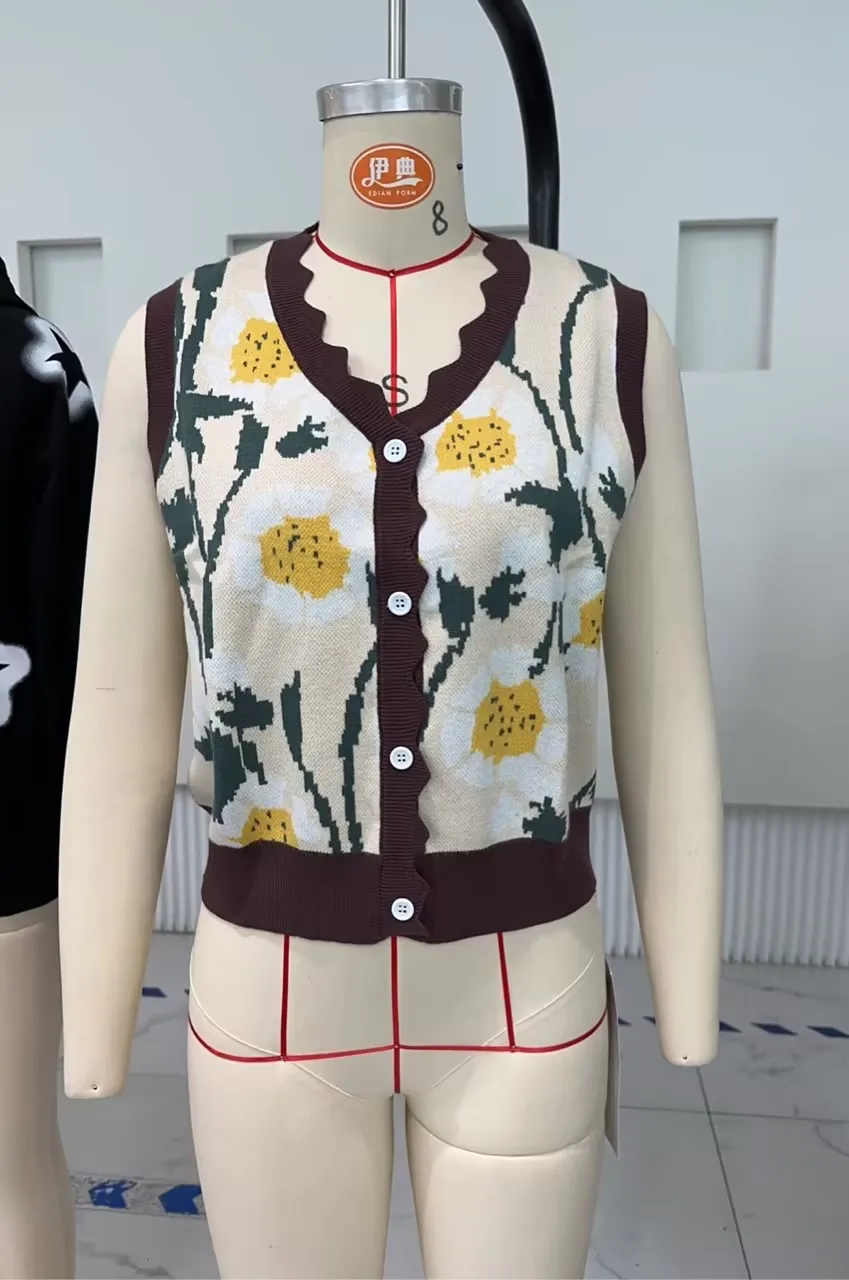 Gaono женский вязаный жилет Y2K винтажный кардиган без рукавов с цветочным принтом и