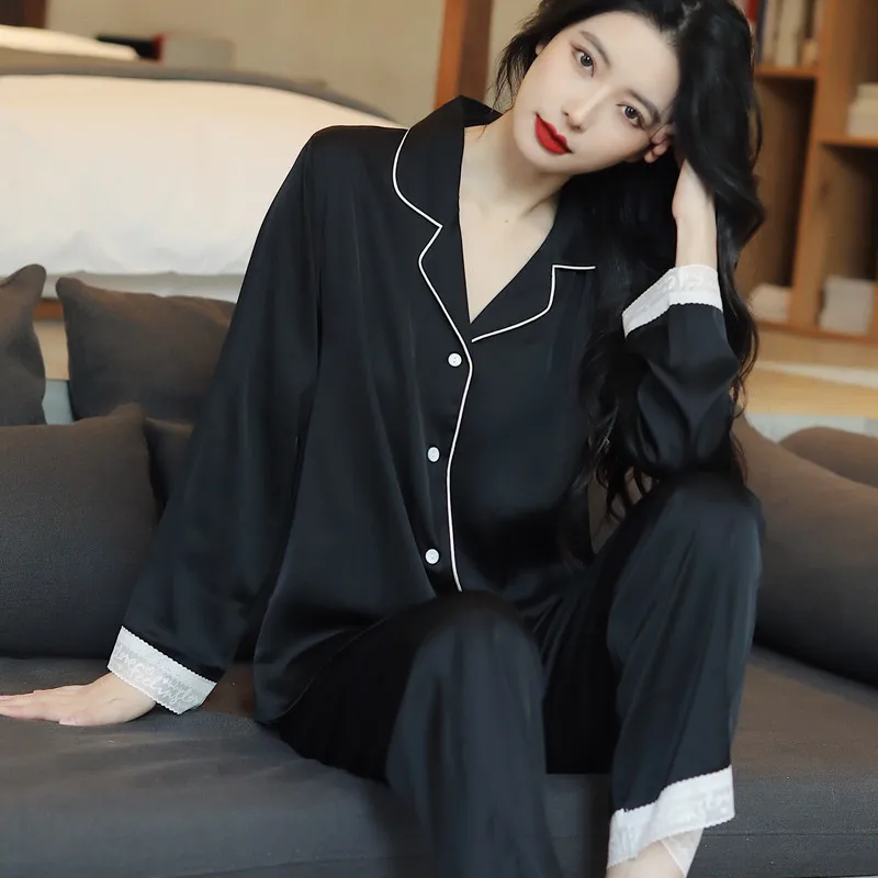 Spring, summer and autumn sexy noble lace long-sleeved silk pajamas women's cardigan thin ice silk outer wear fashion home cloth