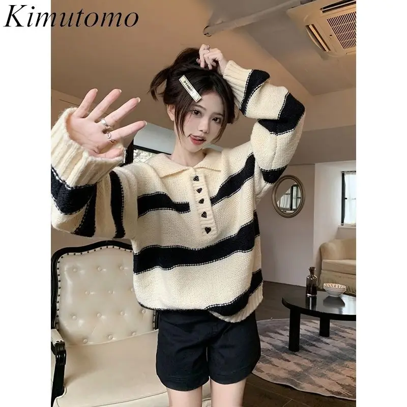 Kimutomo в форме сердца полосатый свитер большого размера с пуговицами женский