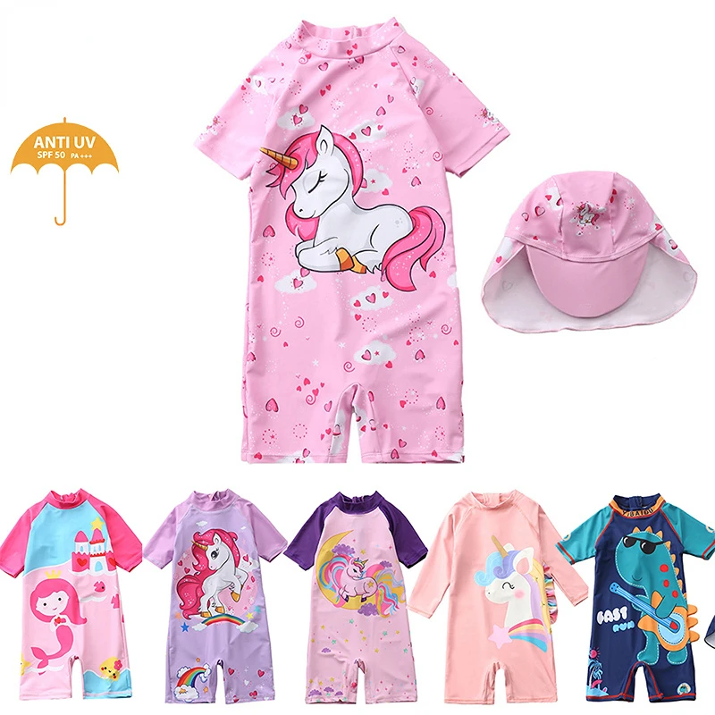 Swimwear Child with Hat Unicorn Mermaid Print Kids Bathing Suits Swimsuit for Girls Summer Toddler Baby Boy Girl UV Beach Wear