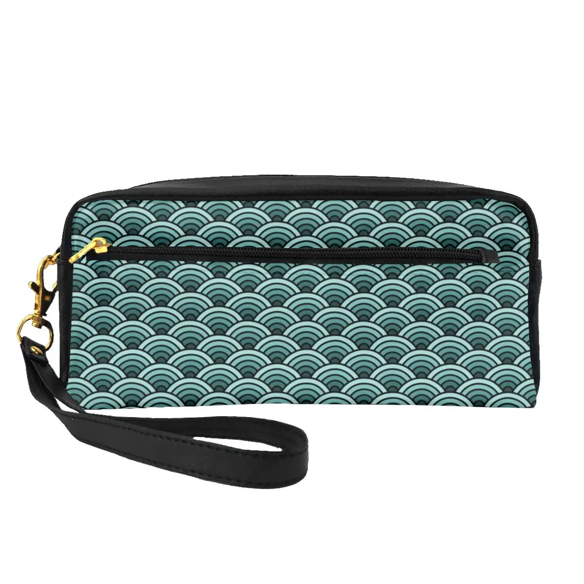 

Green Blue Seigaiha Leather Storage Organizers Traditional Japan Multi-purpose Restroom Makeup Bag For Girls Cosmetic Bags