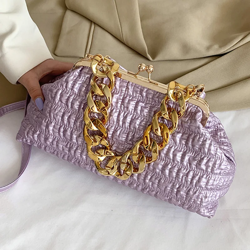 

Women Purple Orange Thick Chain Ruched Shoulder Bags Female Crossbody Bags 2022 Luxury Brand Clip Handbags And Purse Prom Clutch