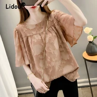 new solid color lace hollow crochet short sleeve chiffon t shirt 2022 spring and summer new korean style loose plus size tops