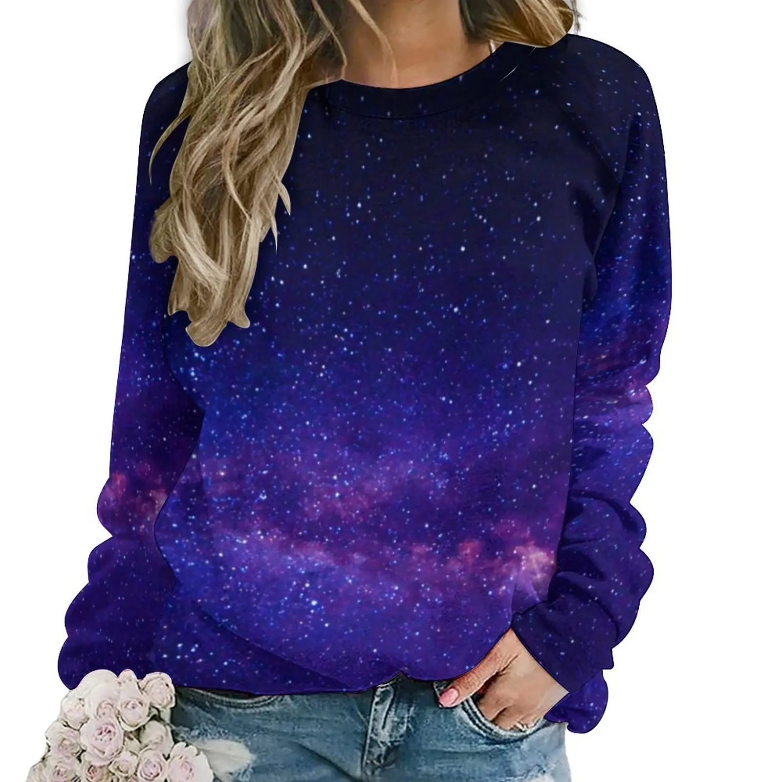 

Purple Starry Night Casual Hoodies Autumn Galay Print Elegant Hoodie Women Long-Sleeve Oversized Harajuku Graphic Sweatshirts