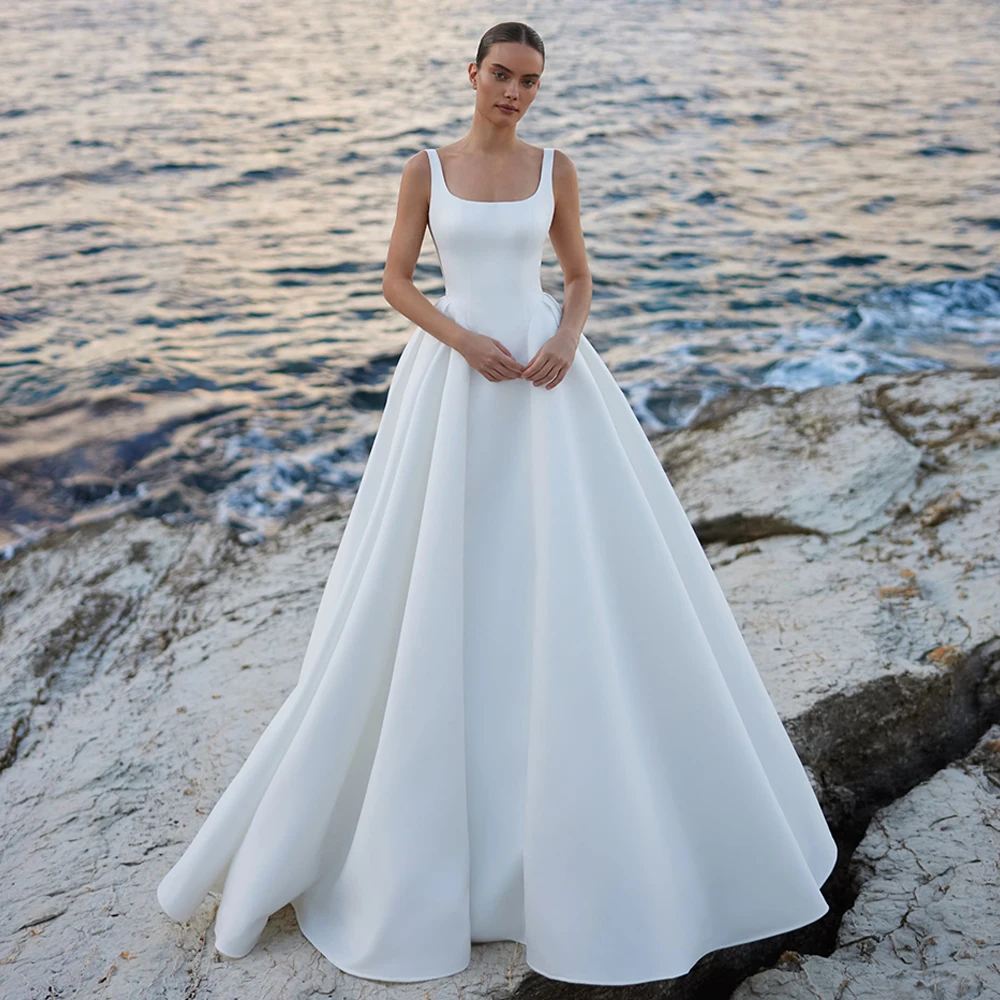 Фото Простое свадебное платье Vestidos De Novia 2026 на заказ, с квадратным вырезом, без рукавов, со шлейфом, на молнии сзади, из атласа, для невесты №4