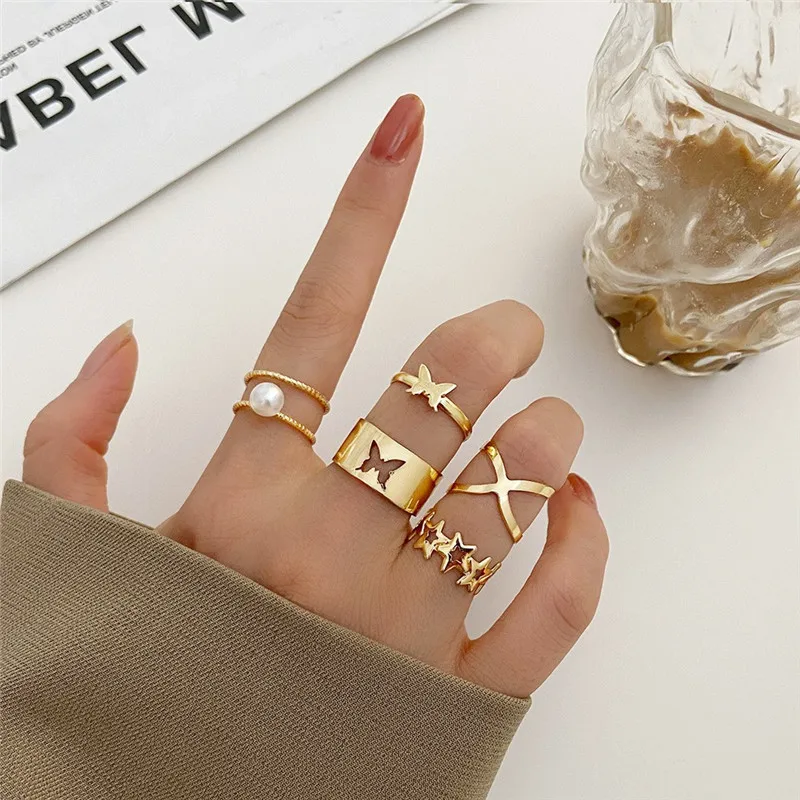 

LETAPI Vintage Gold Moon Butterfly Cross Knuckle Ring Set Bohemian Geometry Female Pearl Ring Fashion Charm Jewelry Gift