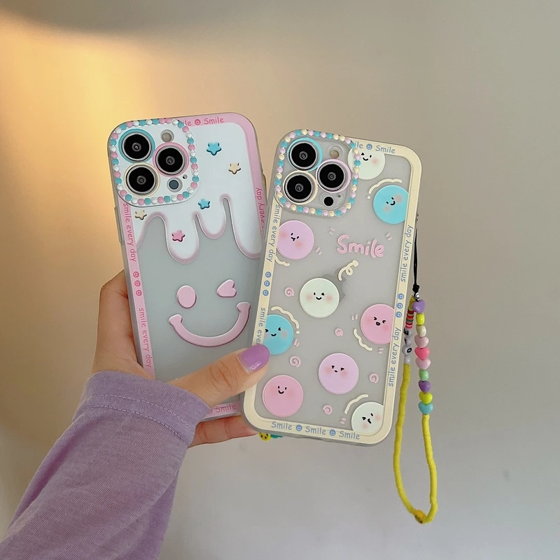 

Korea Cute Cartoon Smiley Wave Point Lens Lanyard Phone Case For iPhone 11 12 13 Pro Xs Max X Xr Xs Shockproof TPU Soft Cover
