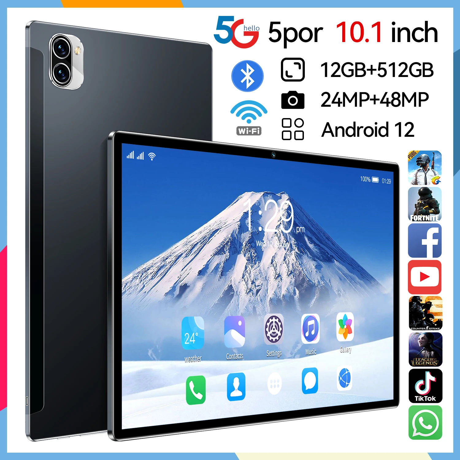 

New Arrival Pc Pad 5 Pro Android 12 Tablet 10.1 Inch HD Screen 512GB ROM GPS WiFi Dual Global Version 4G/5G Network Tablets 2023