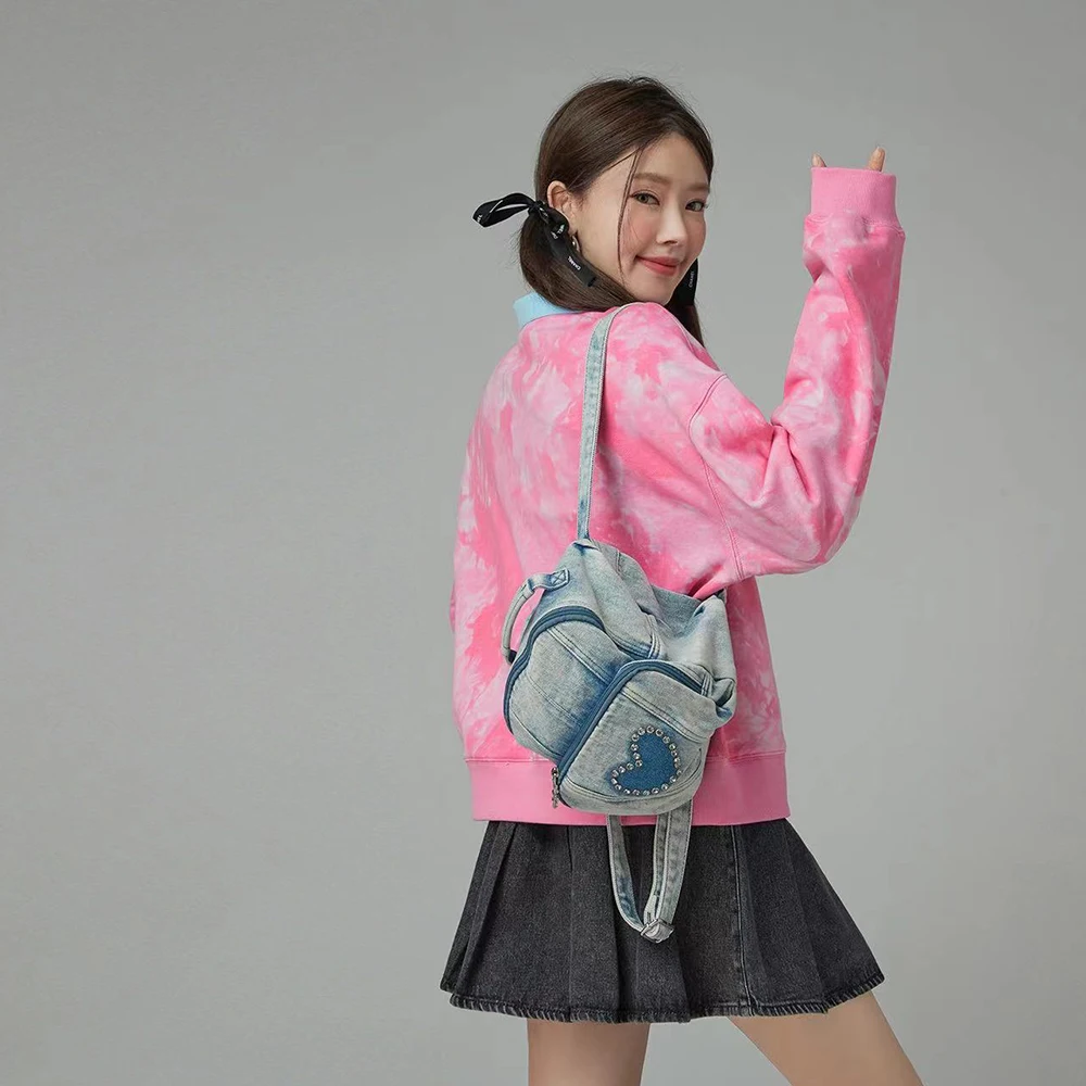 Fashion Denim Women Backpack Heart  School Backpacks Diamonds Shoulder Bags for Women 2023 Small Canvas Book Bag Travel Bag Chic