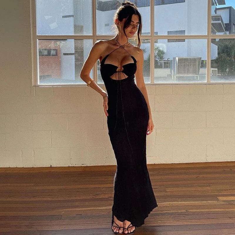 

OEING Sexy Hollow Out Strapless Hot Backless Long Dress Women Summer Bodycon Slim Draw String Dress Female Night Club Ladies