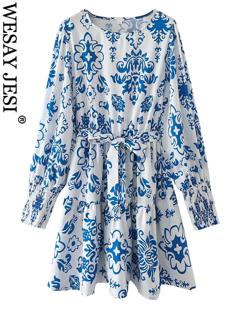 

WESAY JESI Fashion Elegant Temperament Printed Dress Lantern Sleeves Elastic Cuffs Casual Belt Round Neck All-match Short Dress