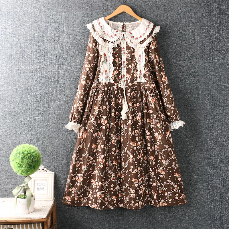 

Осеннее милое Двухслойное хлопковое кружевное платье с вышивкой и воротником, женское платье средней длины с длинным рукавом В Стиле Лолита, 15067