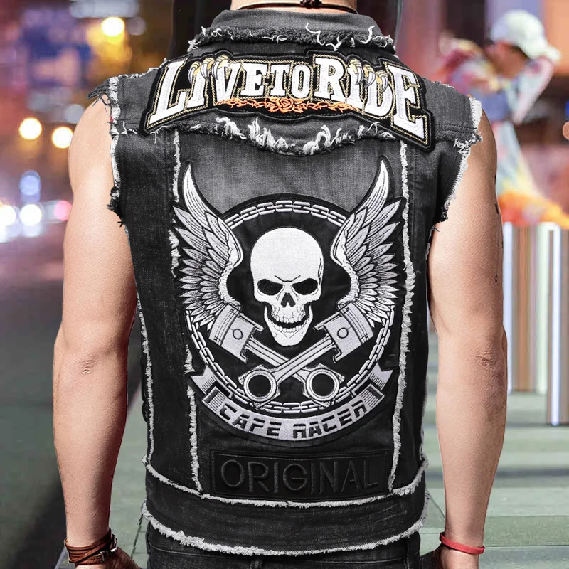

Mens Motorcycle Biker Denim Vest Multi Rivet Badge Patch Design Punk Rock Waistcoat Skull Embroidery Sleeveless Jeans Jacket