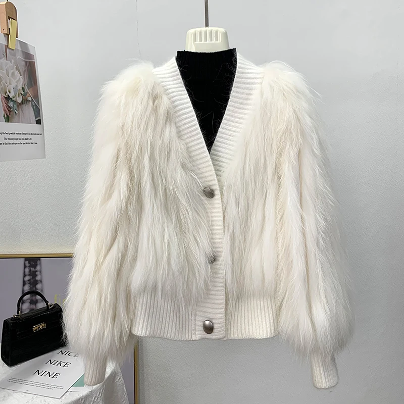 New Autumn And Winter Raccoon Fur Car Strip Fur Women's Short Coat Fox Fur Woven V-neck Cardigan Temperament Style