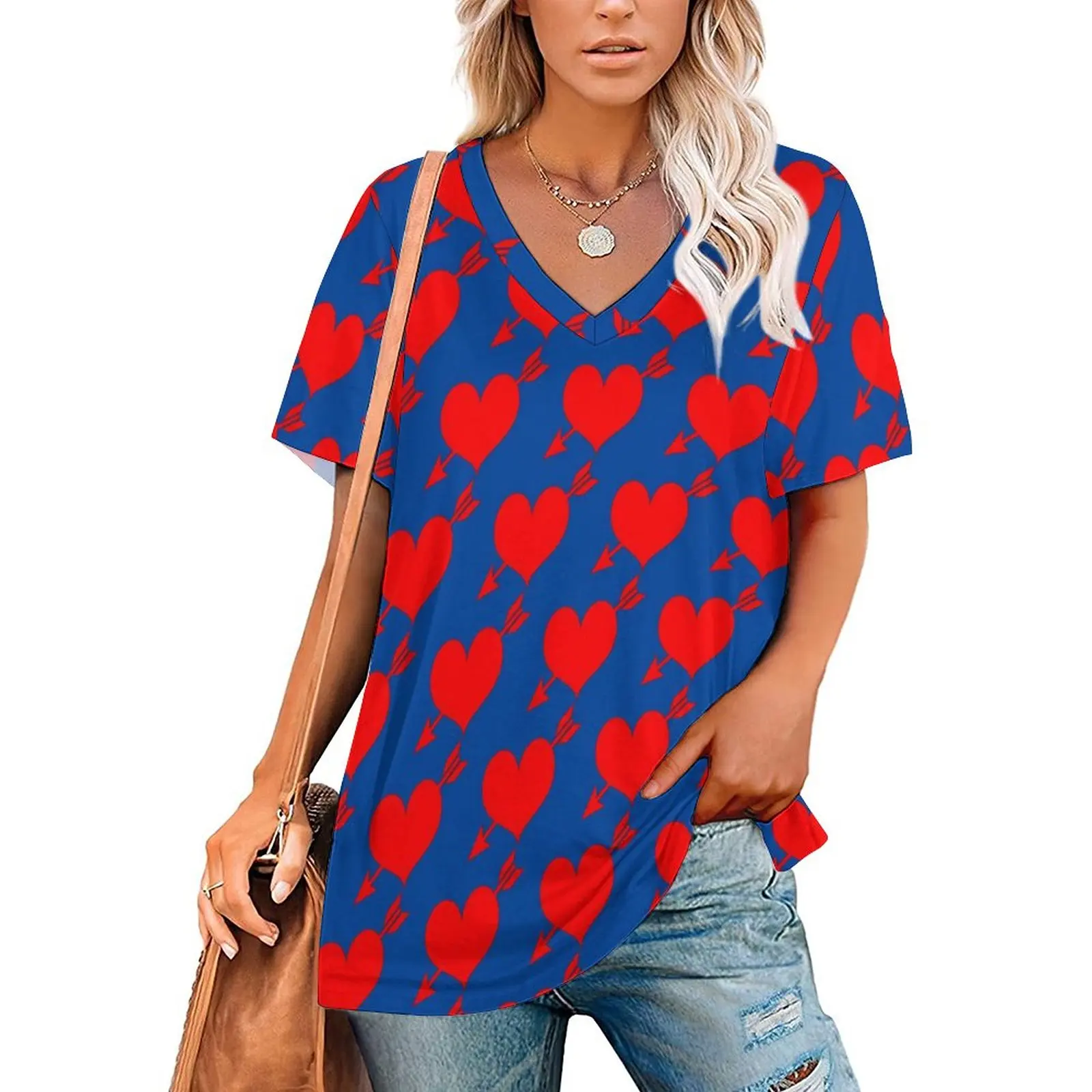 

Red Heart Print T-Shirts My Valentine V Neck Street Fashion Oversized T Shirt Short Sleeve Aesthetic Tee Shirt Graphic Top Tees