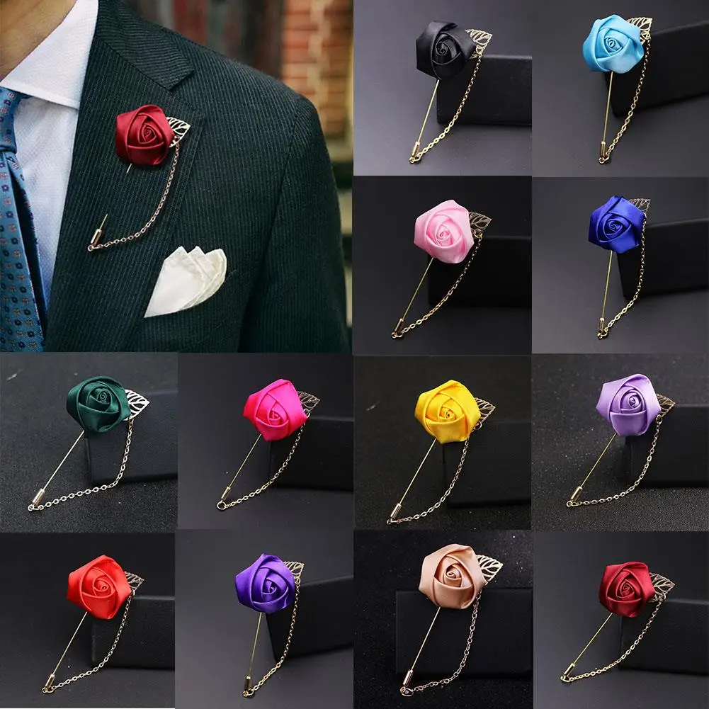 

Men's Suit Rose Flower Brooches Canvas Fabric Ribbon Tie Lapel Pin Badge With Tassel Chain Men Wedding Boutonniere Brooch