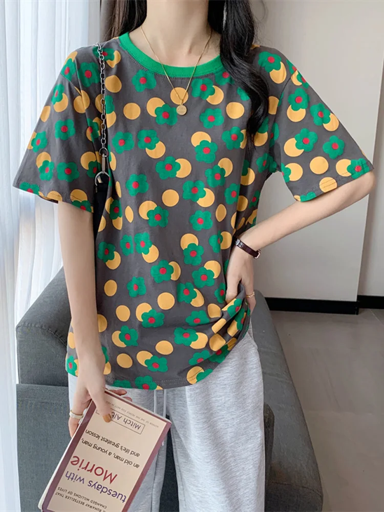 

korean short sleeve Women Graphic T shirts floral printed O-neck 90s student Tshirt harajuku kawaii Clothes soft white gray Tops