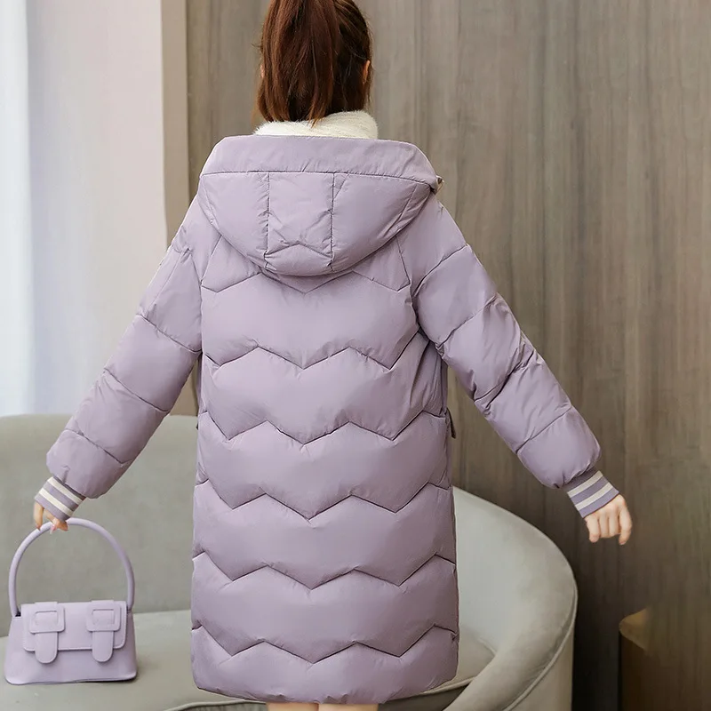 1PCS Oversized 3XL Hooded Mid-length Cotton Padded Coat Women Loose Warm Thicken Fluffy Overcoat Snow Wear Korean Solid Outwear