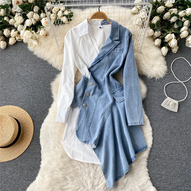 

Amolapha Women New Fashion Irregular Denim Patchwork Long-Sleeved White And Blue Casual Temperament Shirt Dress