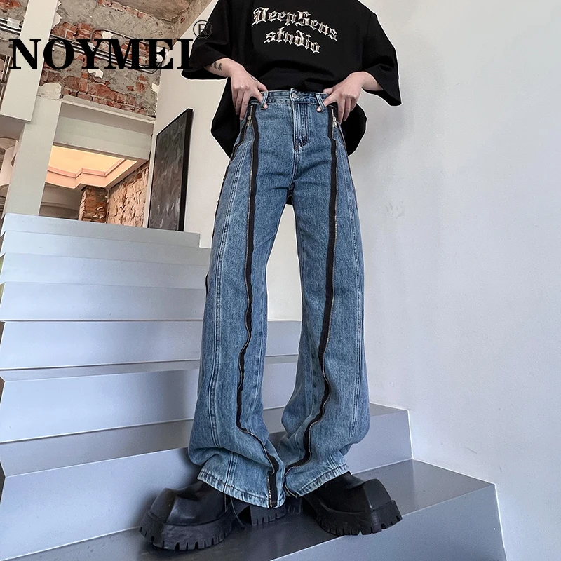 

NOYMEI Vintage Wide Leg Pants Denim American Zipper Decoration Full Length Straight Jean Autumn 2023 Washed Male Trousers WA2644