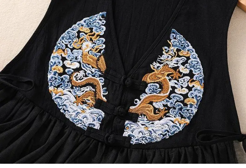 Женский жилет из хлопка и льна с вышивкой дракона кружевом