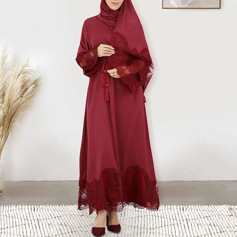 

Dubai spring and summer dress solid color exquisite embroidered dress Muslim women's robe Ramadan mosque dress Islamic clothing