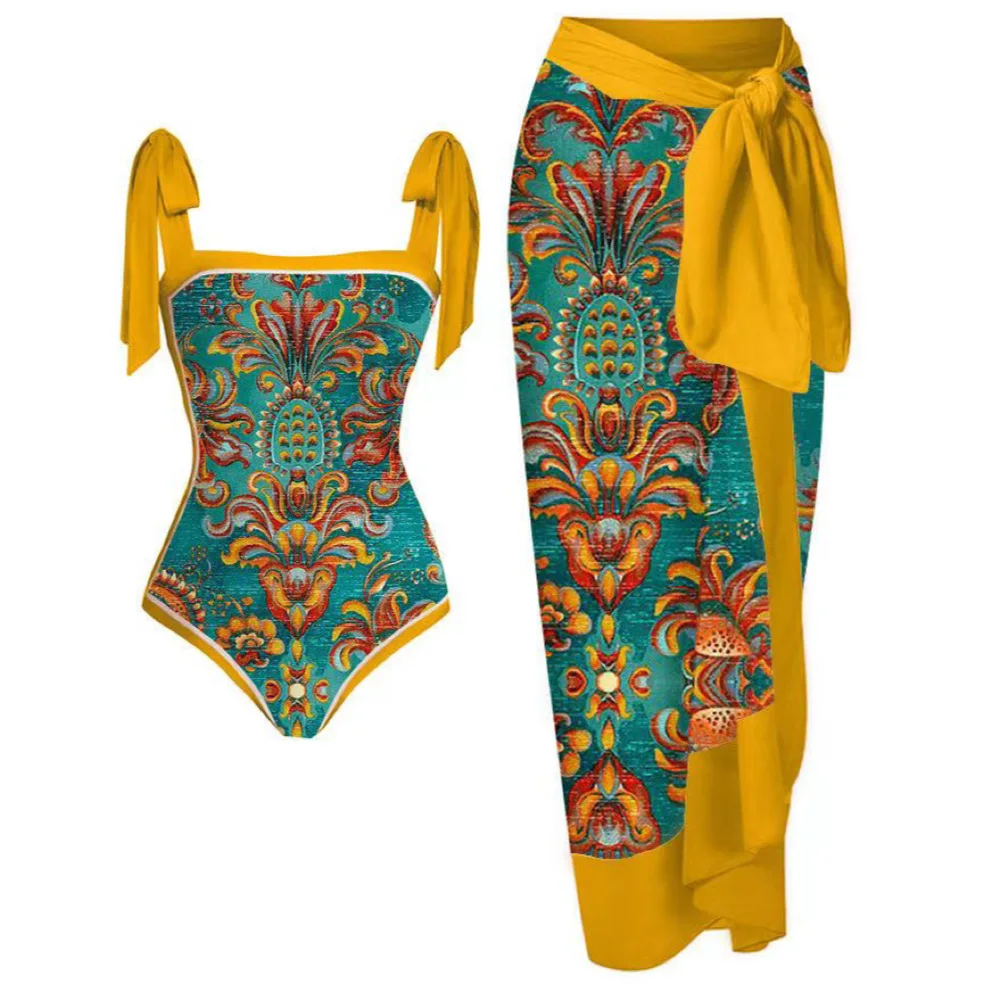 Two 2 Piece Women Matching Skirt Sets Summer Vacation Beach Bikini One Piece Swimsuit Vintage Print Slit Sunscreen Long Skirt