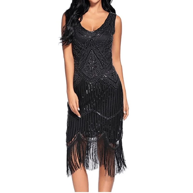 

Mandylandy 1920 Vintage Gatsby Dress Women Sequined Tassel Bodycon Midi Dresses High-End Banquet Beaded O-neck Party Dress