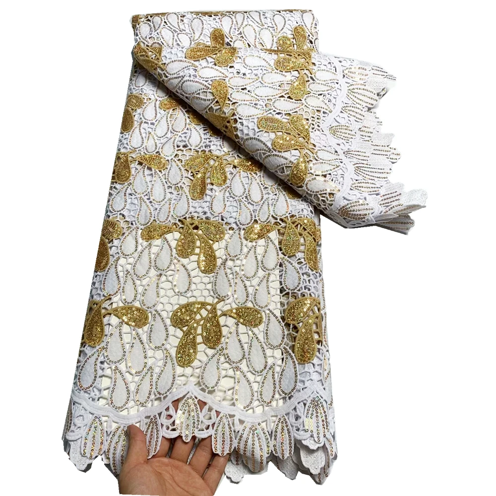 

Африканская гипюровая кружевная ткань, белая и золотая, высококачественные кружевные ткани с блестками, 5 ярдов