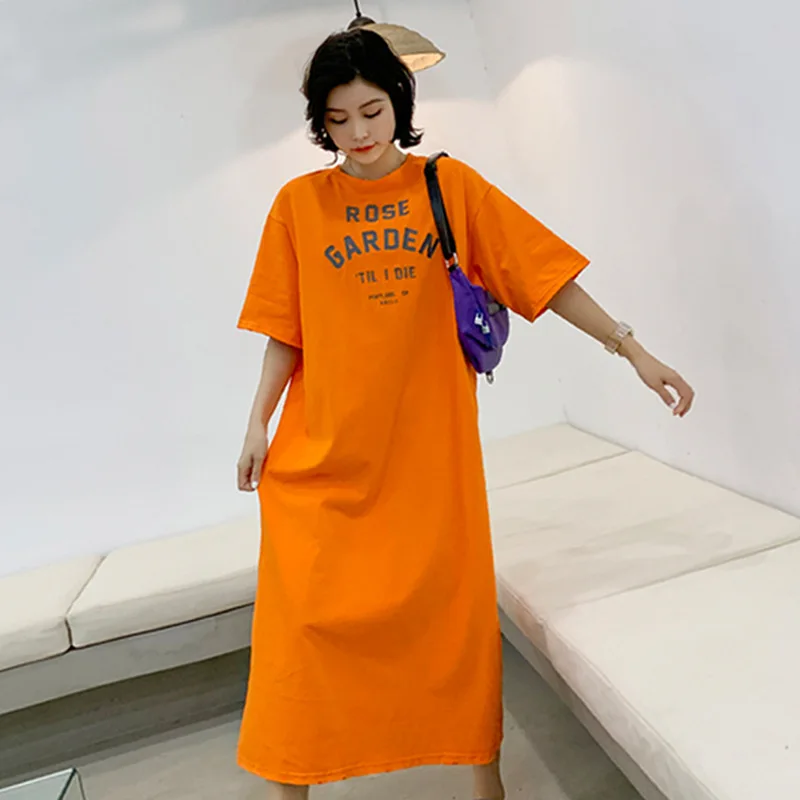 

Женское платье-футболка с круглым вырезом, свободное тонкое повседневное простое однотонное платье в ленивом стиле, универсальная эластич...