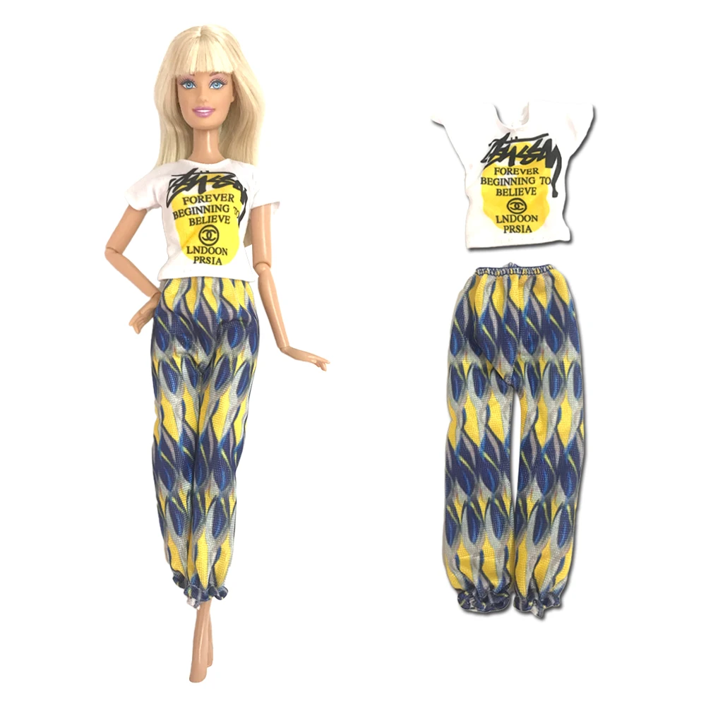 

NK Official 1 Set Lovely Doll Outfit Fashion T-shirt Wave Pattern Trouseres Casual Wear Clothes for Barbie Doll Accessories