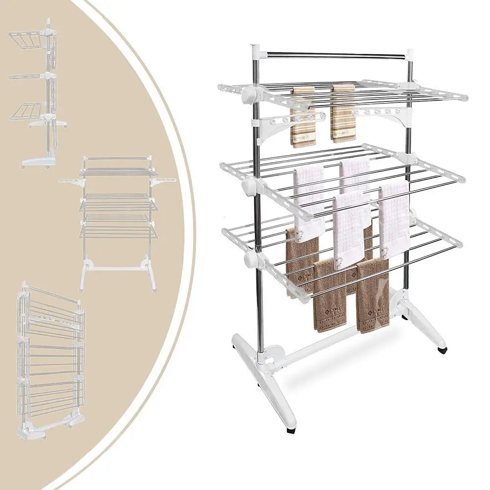 

3 Layers With Crossbar Drying Rack Stainless Steel Pipe Foldable Feet Waterproof Anti-rust Clothes Organizer Drying Rack HWC
