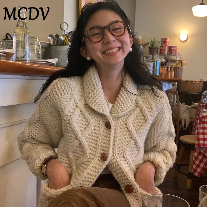 MCDV повседневные однотонные вязаные кардиганы женские однобортный свитер с