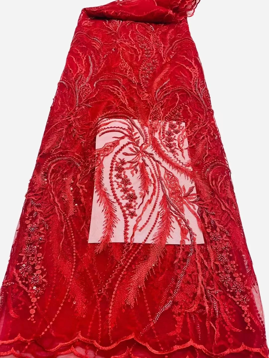 

(5yarda/pc) Gorgeous tube beads embroidered African party tulle lace Red color high quality French net lace fabric