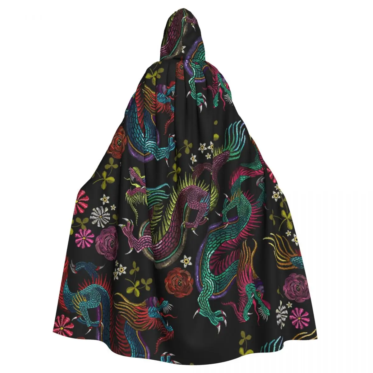 

Hooded Cloak Unisex Cloak with Hood Embroidery Vintage Chinese Dragons And Flowers Cloak Vampire Witch Cape Cosplay Costume