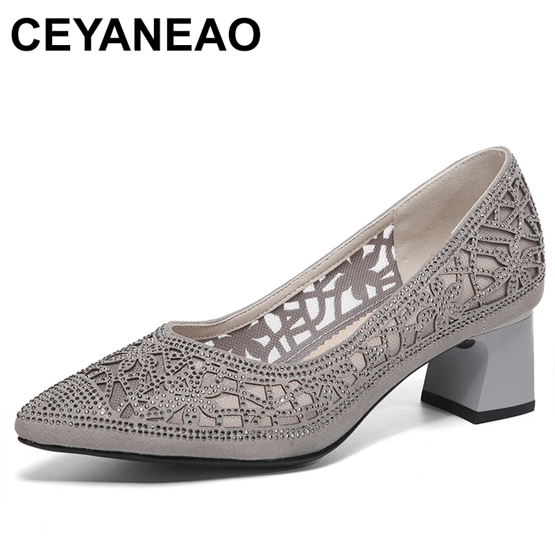 

Женские летние туфли-лодочки с острым носком, сетчатые туфли на среднем каблуке, женская кожаная обувь на массивном каблуке