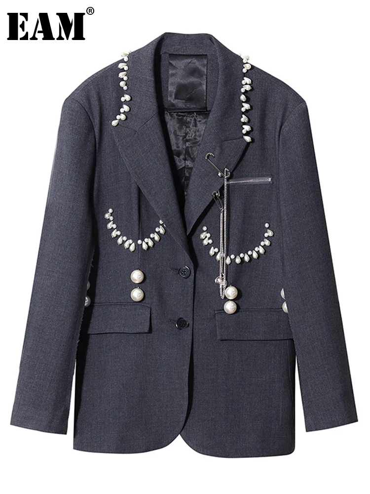 

[EAM] Women Gray Pearl Chain Single Breasted Blazer New Lapel Long Sleeve Loose Fit Jacket Fashion Spring Autumn 2022 1DD5927