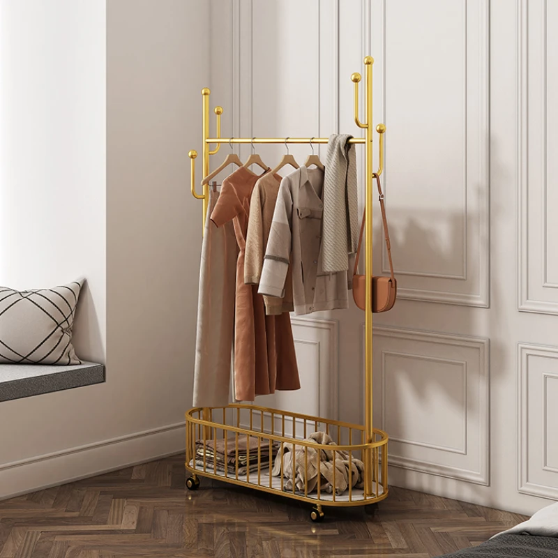 

Bedroom Luxury Mobile Floor Coat Rack Modern Minimalist Wheeled Household Storage Clothes Rack Metal Wardrobe Home Furniture